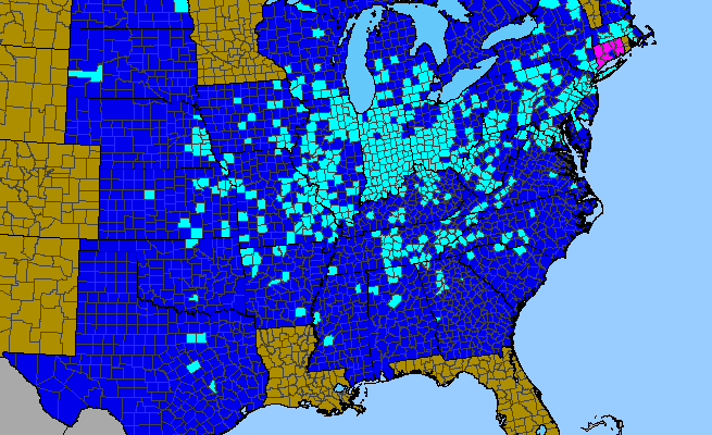 The range of Lonicera maackii